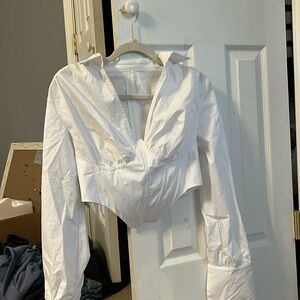 White deep v neck cropped blouse